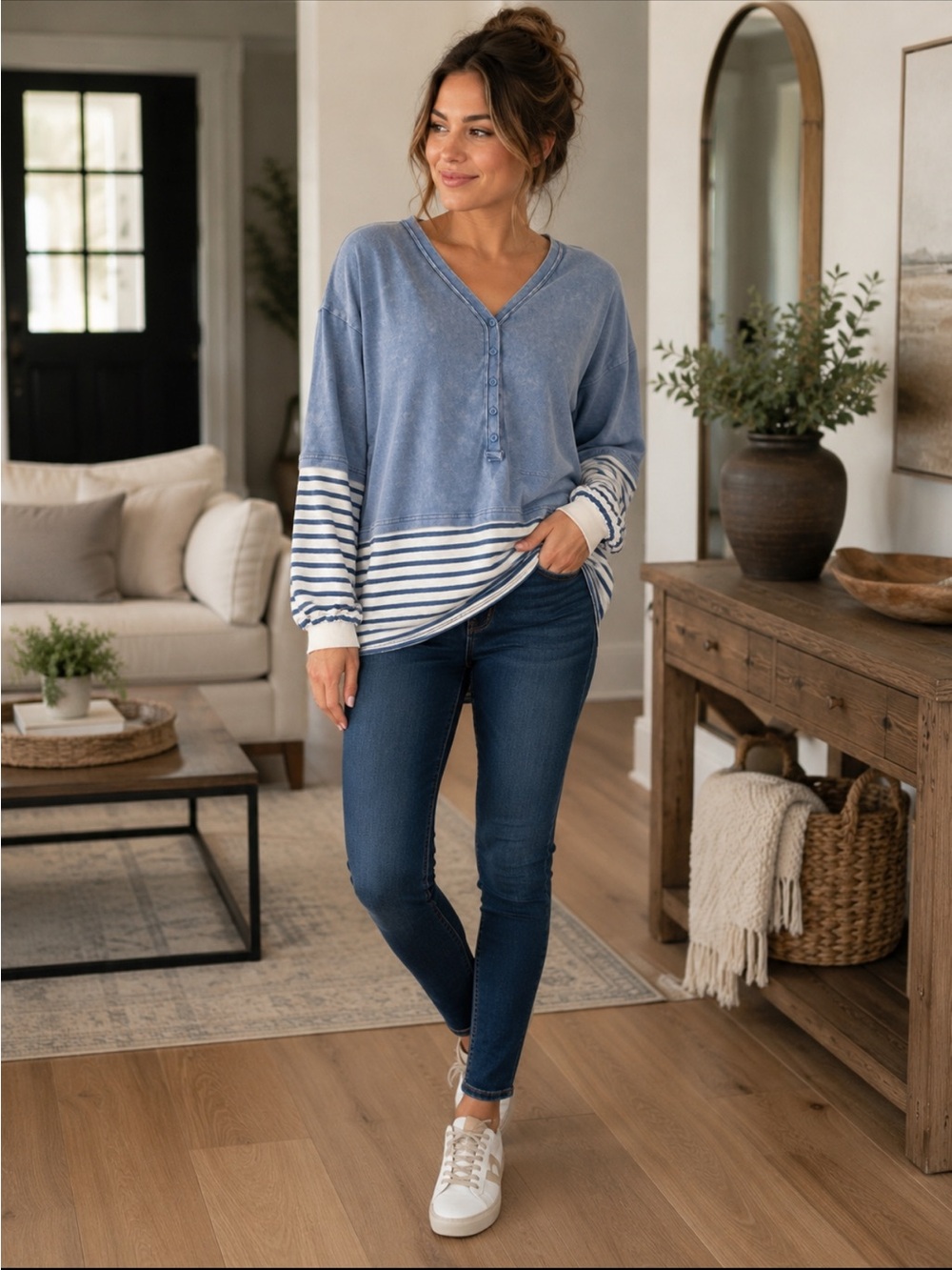Easel Oversized Blue Striped V-Neck Pullover Tunic 100% Cotton Size Small